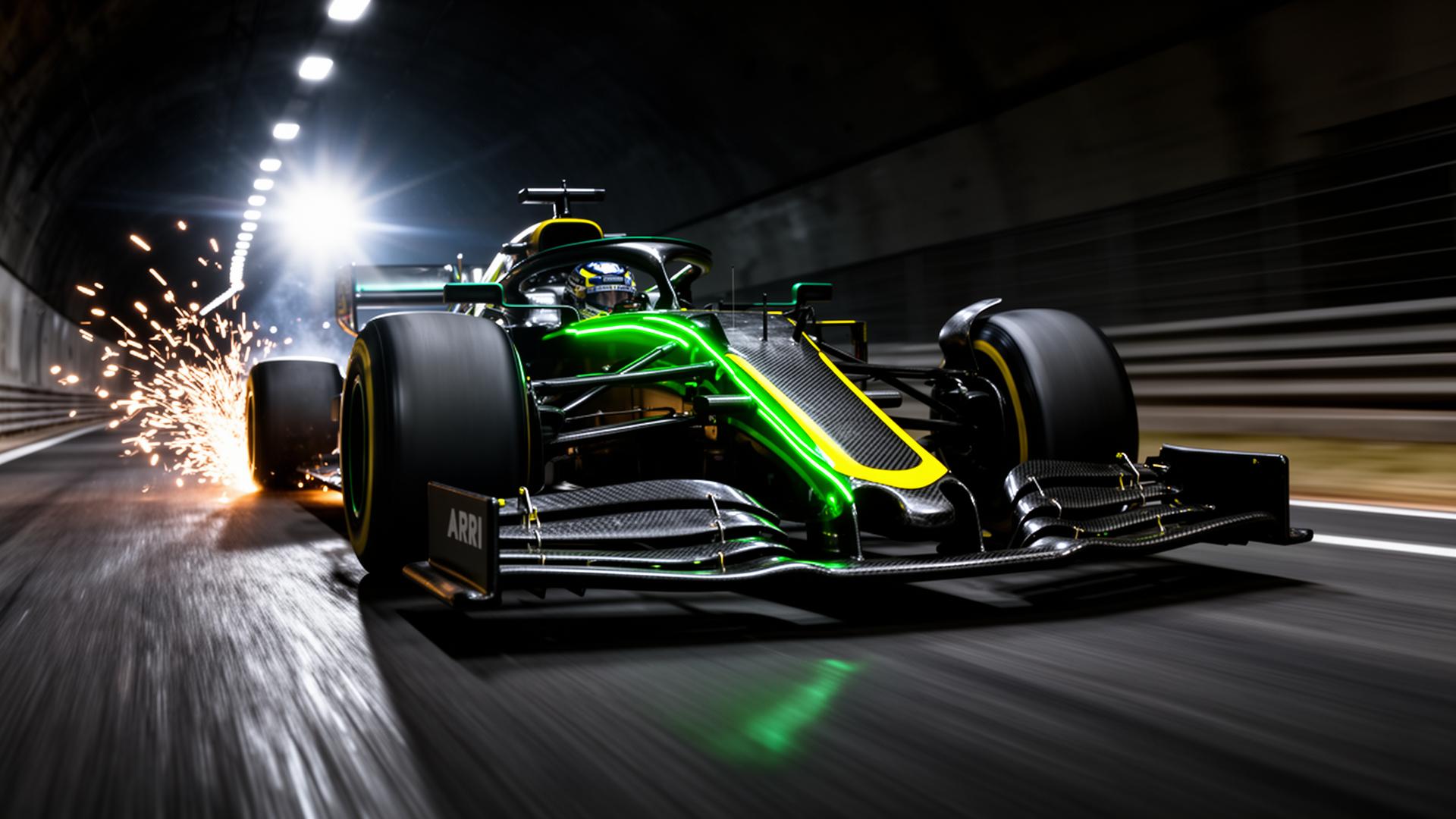 Formula 1 car blasting through tunnel